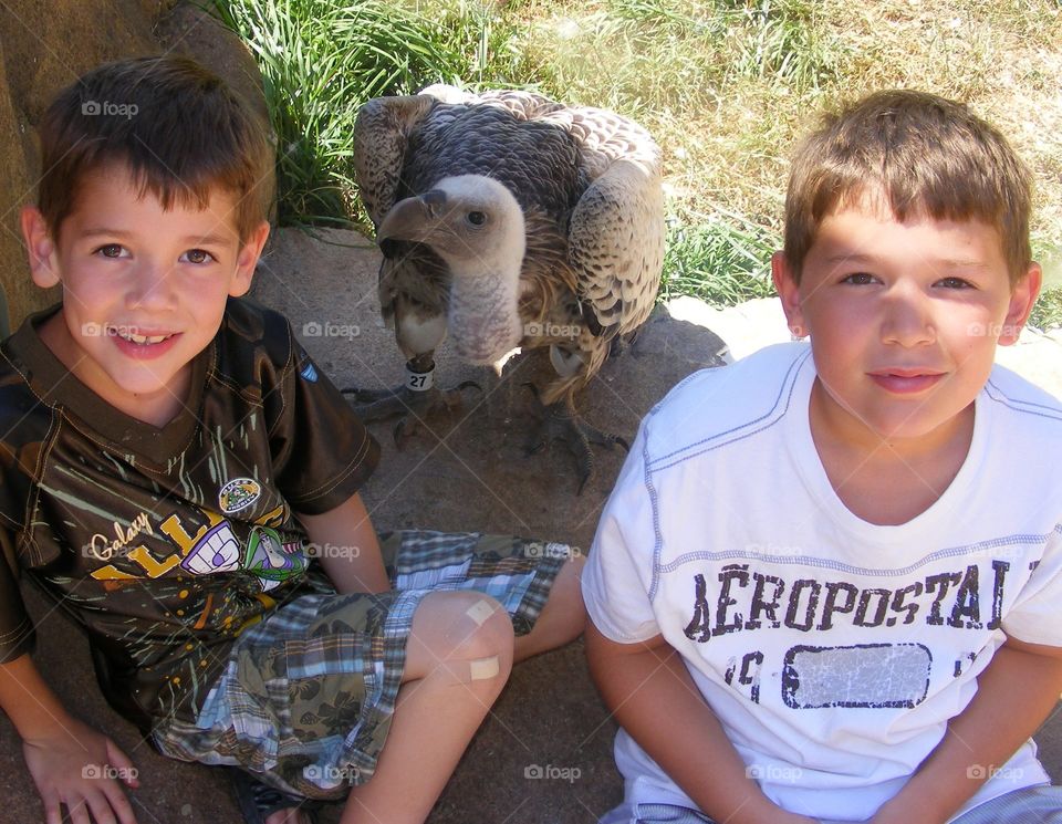 2 boys at zoo with ugly bird