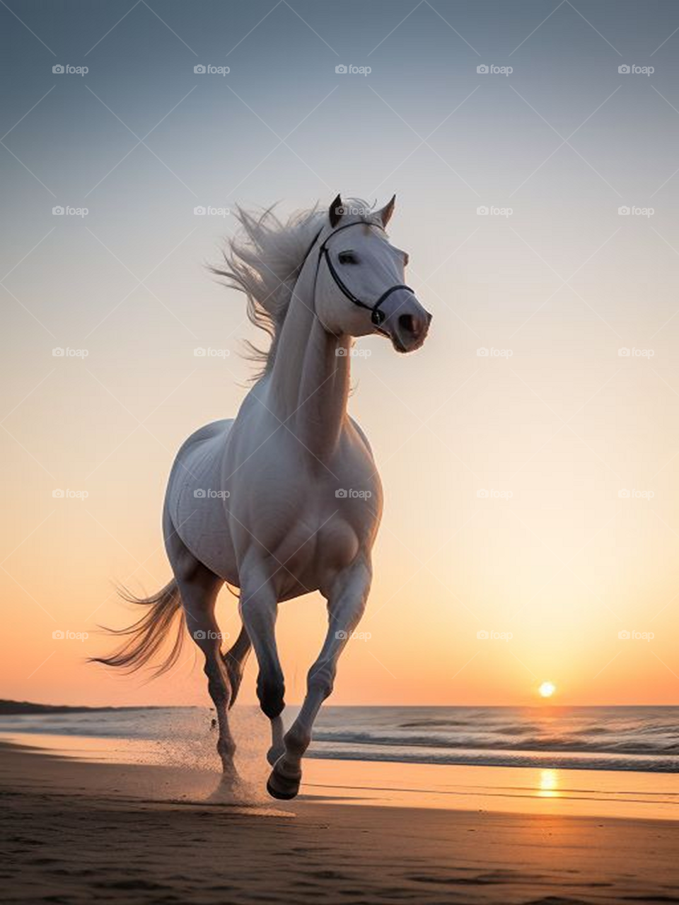 A beautiful white horse running in the beach