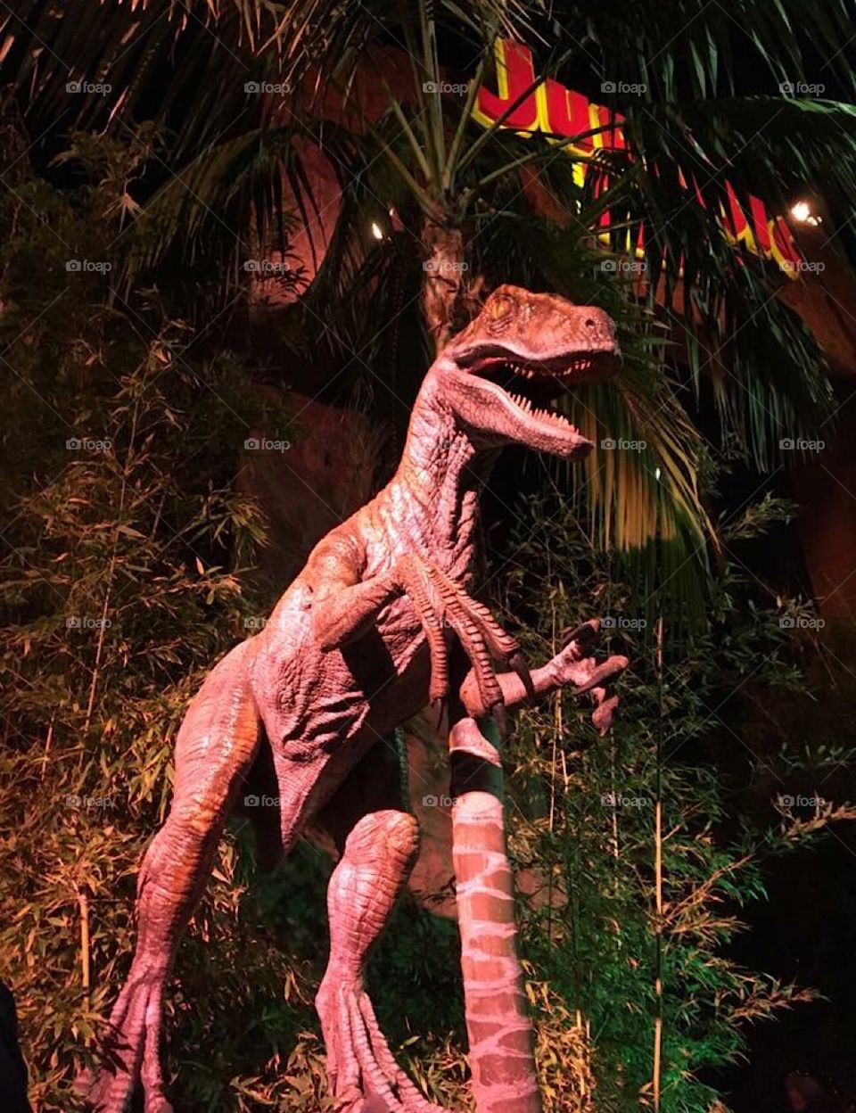 Raptor statue at Universal Studios Hollywood in the Jurassic Park section in California.