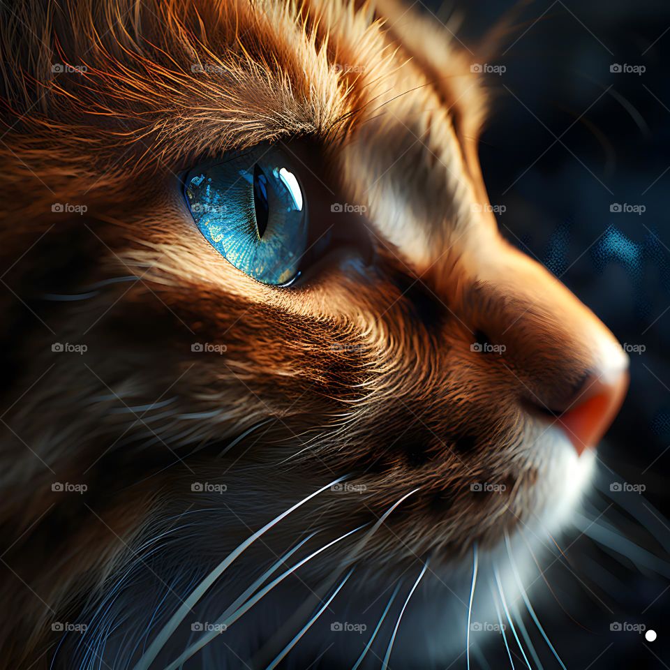 close up of a cat face with round eyes, in the style of vray tracing, photo-realistic techniques