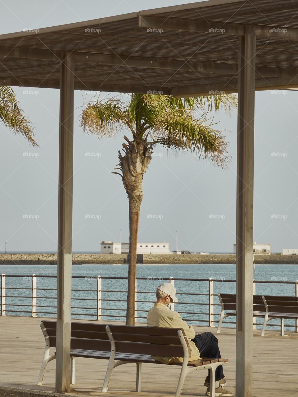 anciano mayor sentado solo en un banco en un parque con vistas al mar al atardecer