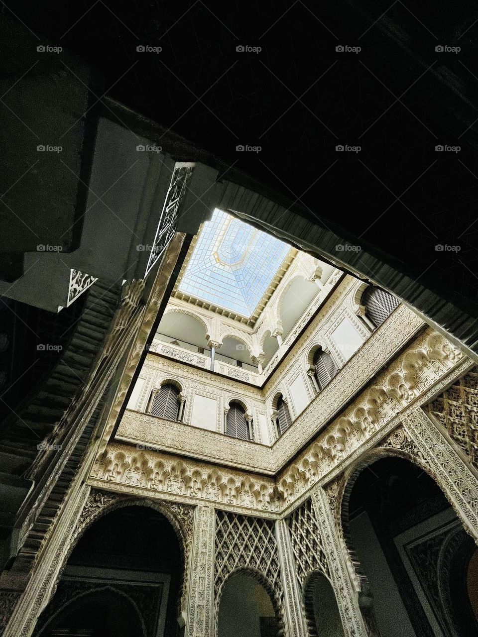 Low angle view shot of moorish Andalusian style building in Sevilla 