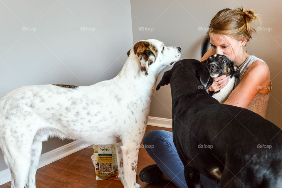 Woman sitting on the floor with her three dogs