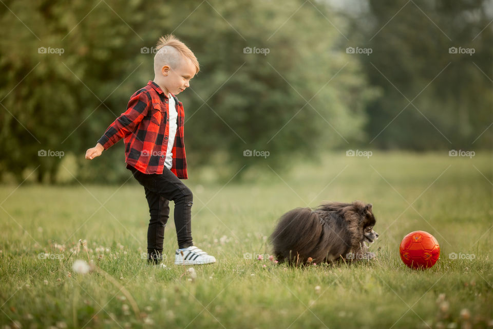 Little boy playing with his dog in soccer in a park 