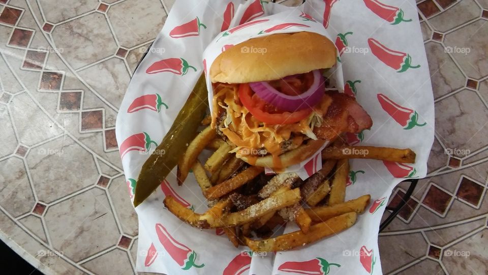 Southwest Burger with Pickle and Seasoned Fries, Hall of Flame, Ruidoso, New Mexico
(grilled chicken, chipotle sauce, avocado, onion, tomato)
