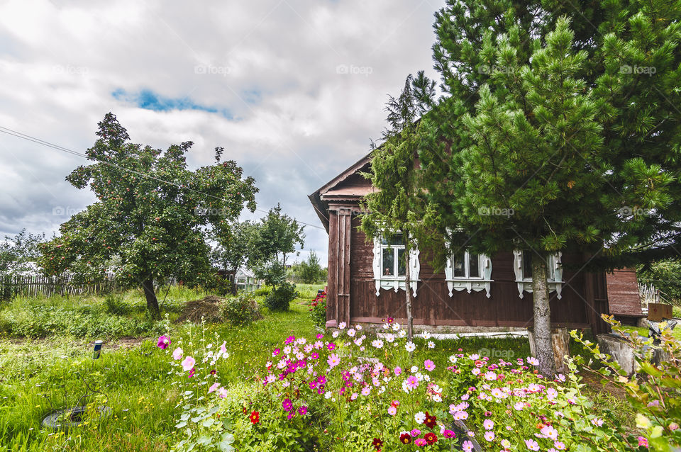 Typical rural house in Russian village, countryside