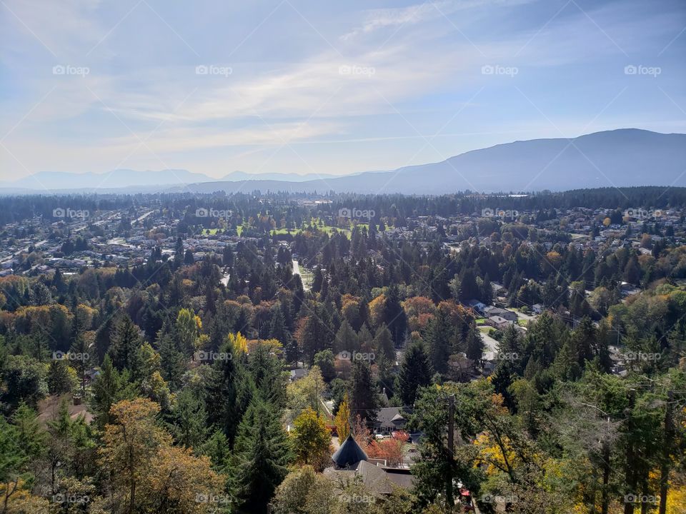 View from above, city of Nanaimo, Vancouver Island, British Columbia, Canada. Houses, forests, and hills. Trees with leaves turning colors in the autumn season, with blue cloudy sky.