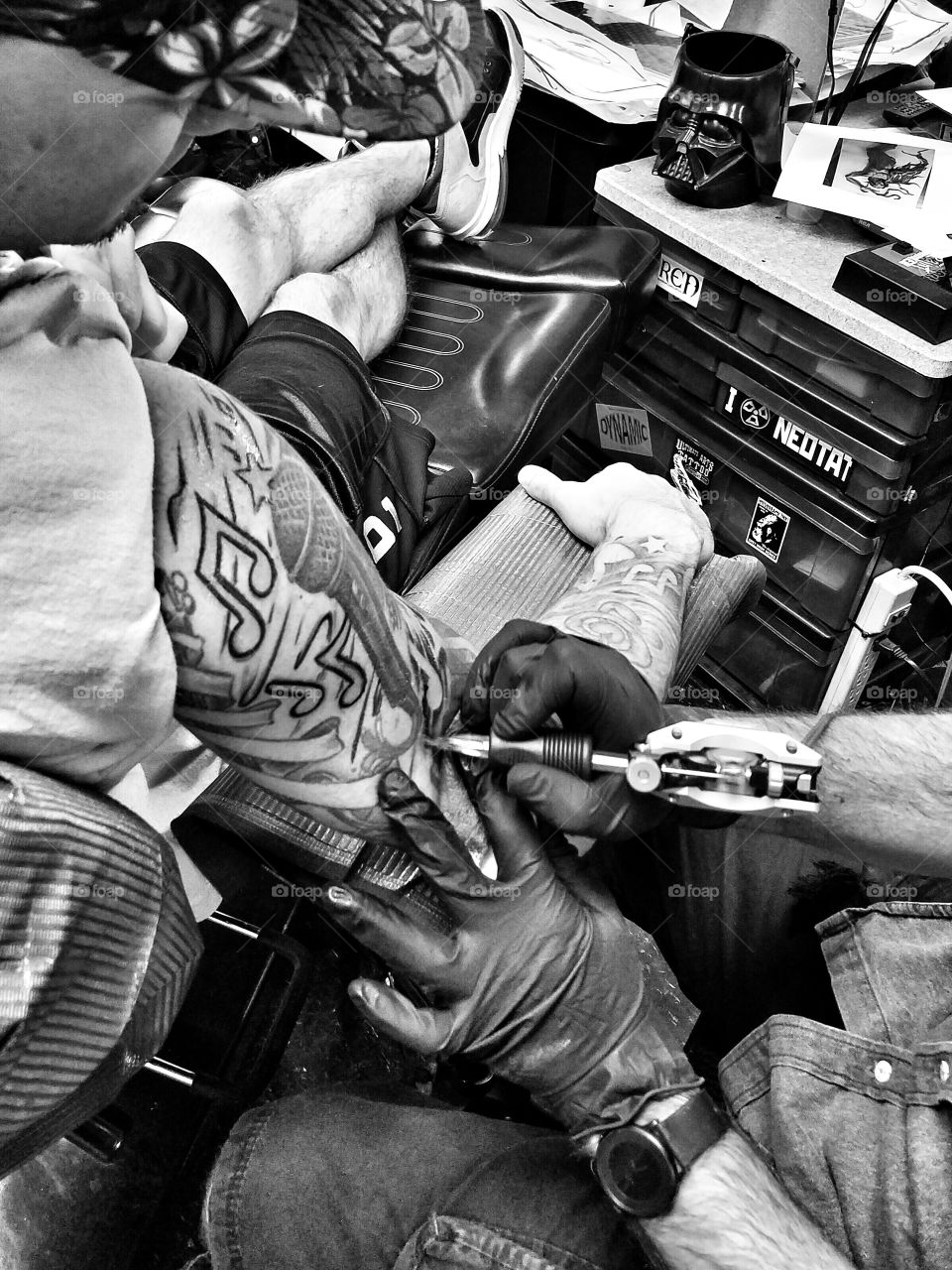 My best friend getting his tattoo sleeve finished.