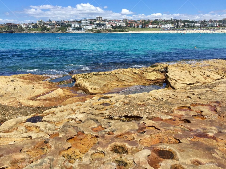 Australian sea shore rocks and sea and city