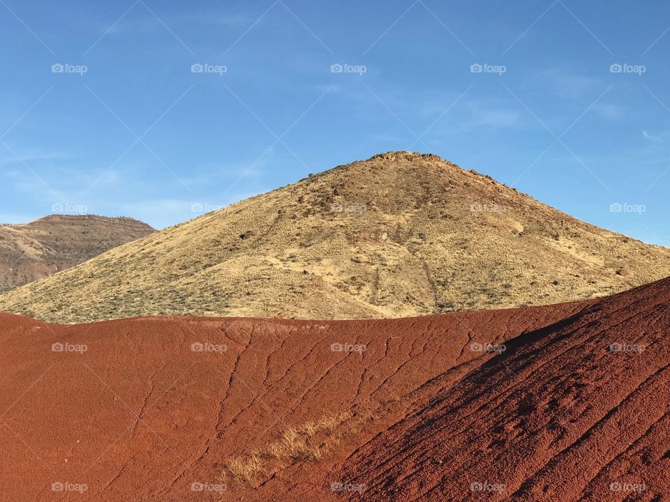 The incredible beauty of the red, gold, and browns of the textured Painted Hills in Eastern Oregon on a bright sunny day.