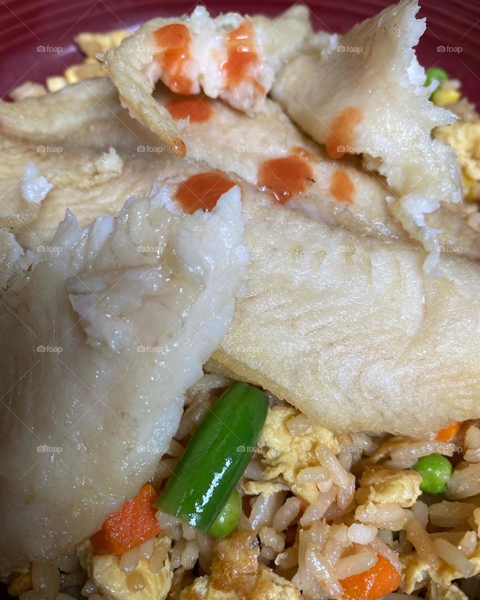 Homemade fried rice and fish 