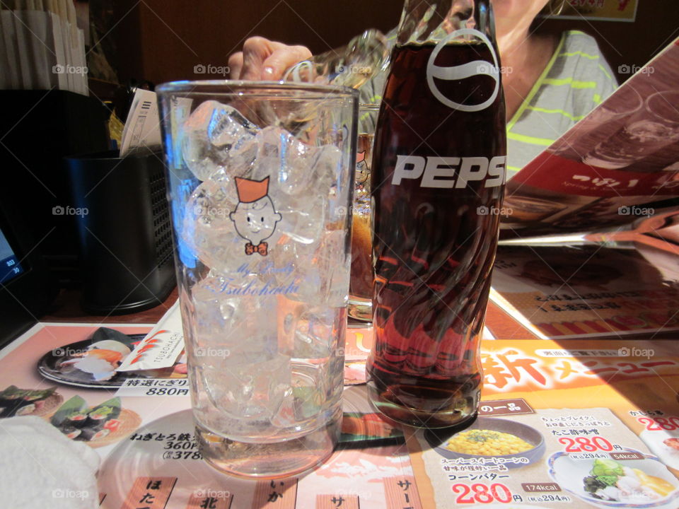 Glass Bottle of Pepsi Cola and Retro Glass full of Ice, Diner in Tokyo, Japan