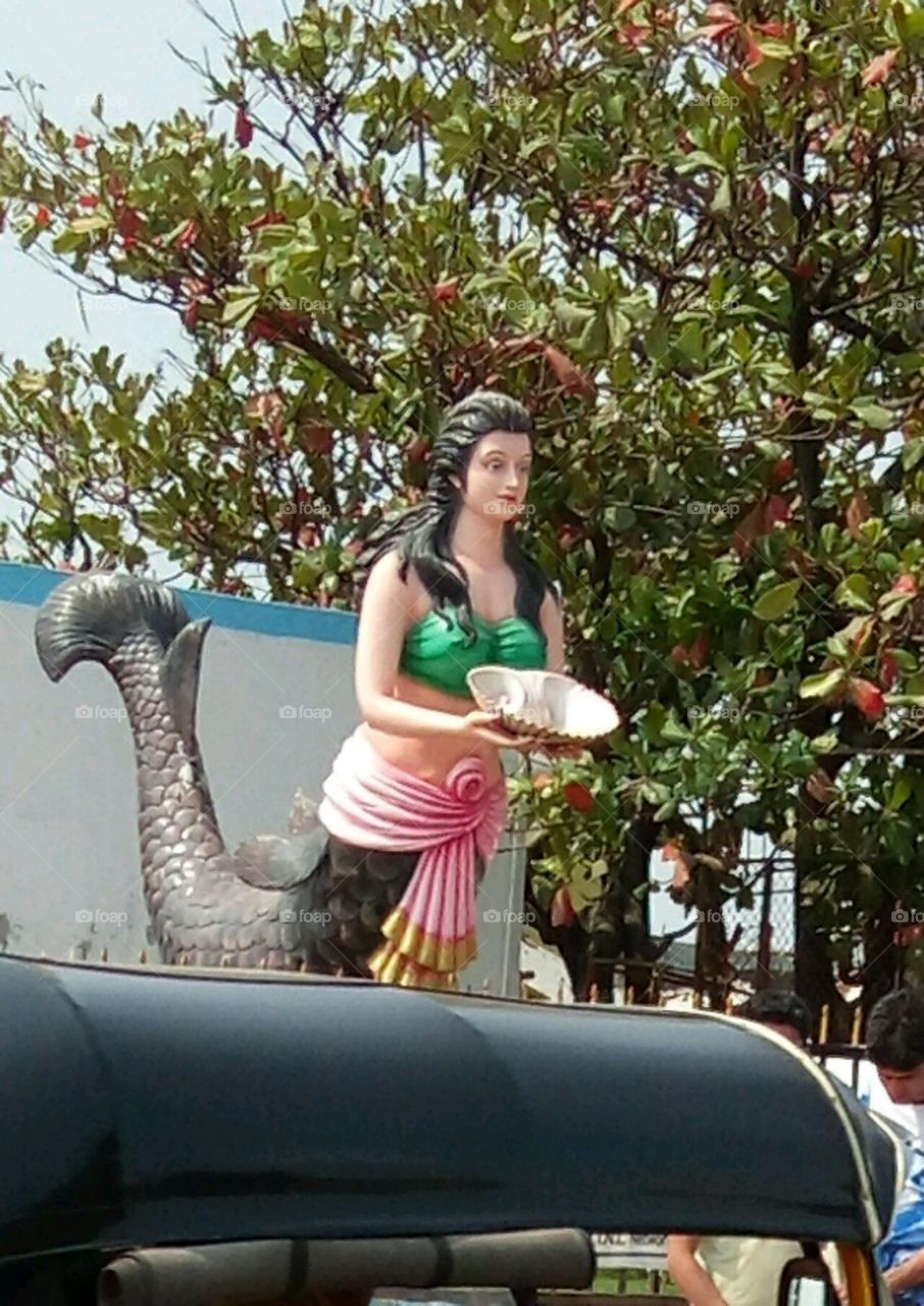 Mumbai Juhu Beach Statue Mermaid With Lotus Flower