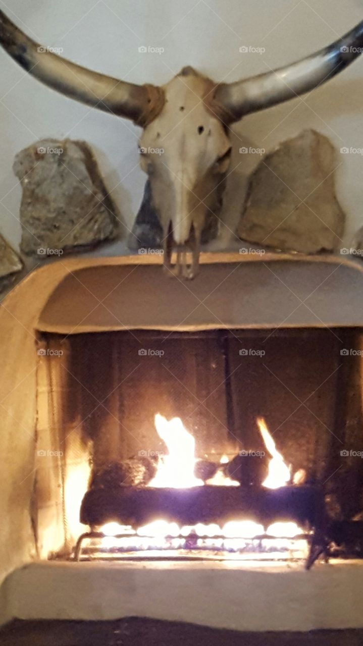 skull over fireplace