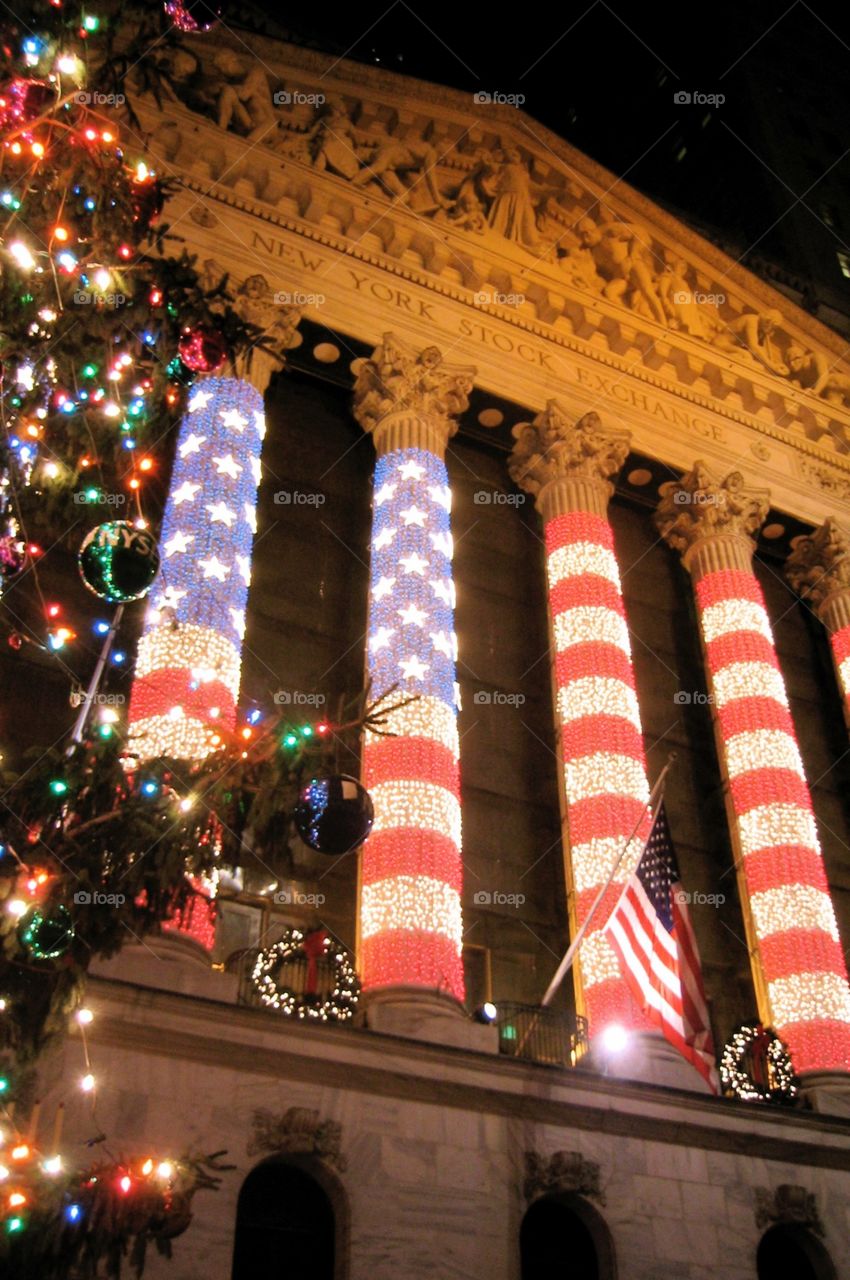 Christmas at the Stock Exchange . New York Stock Exchange building decorated for Christmas 