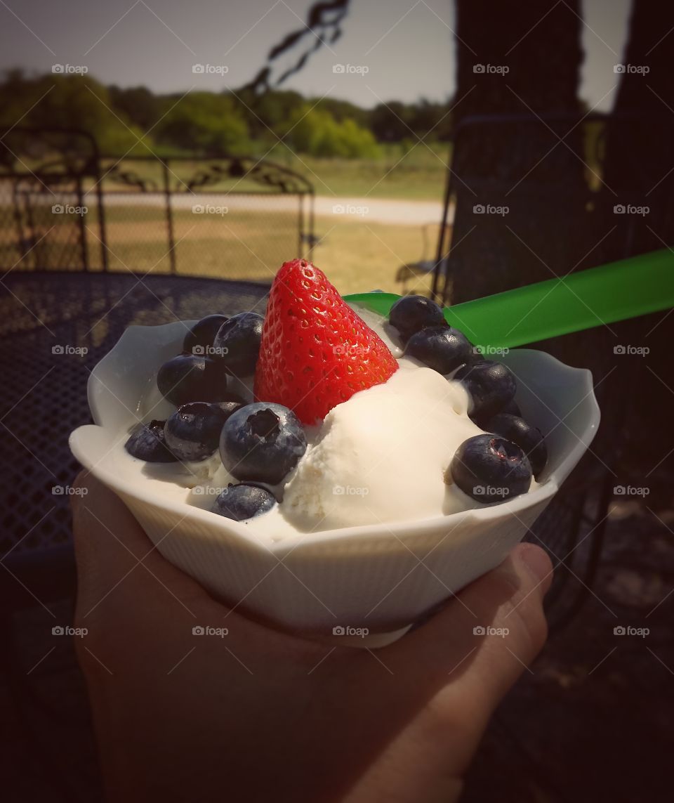 Homemade Vanilla Ice cream with Blueberries and a Strawberry