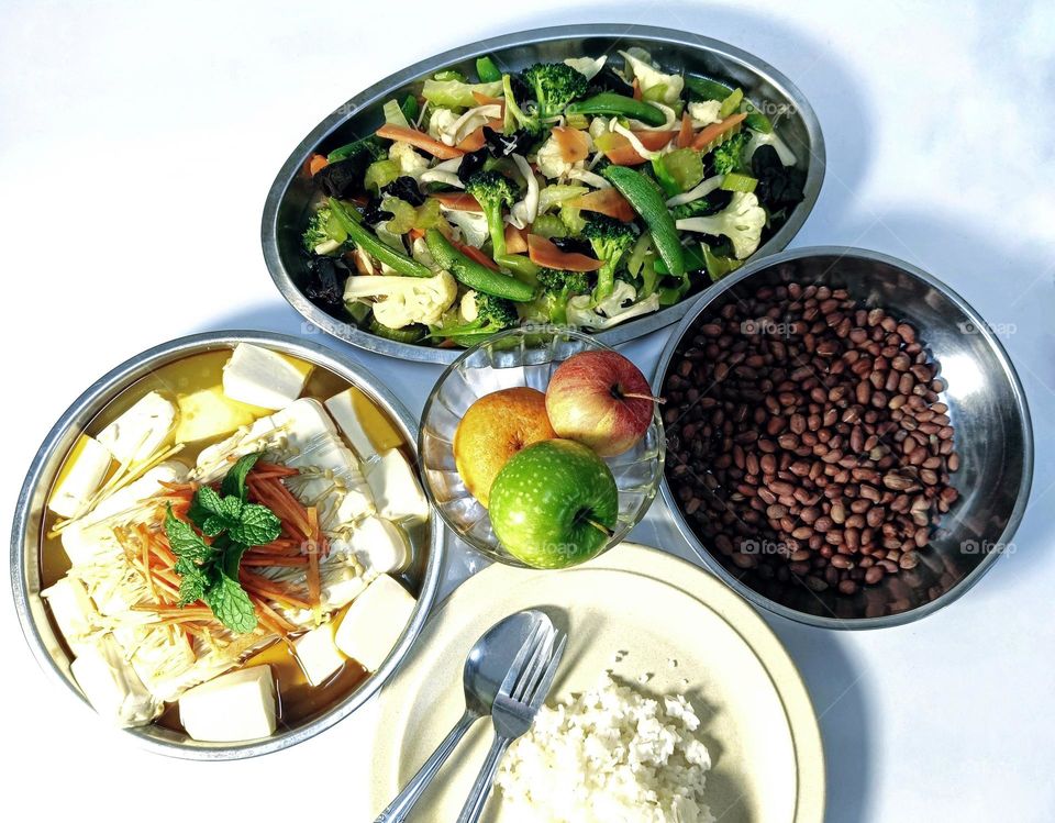 Vegetarian food on white background.