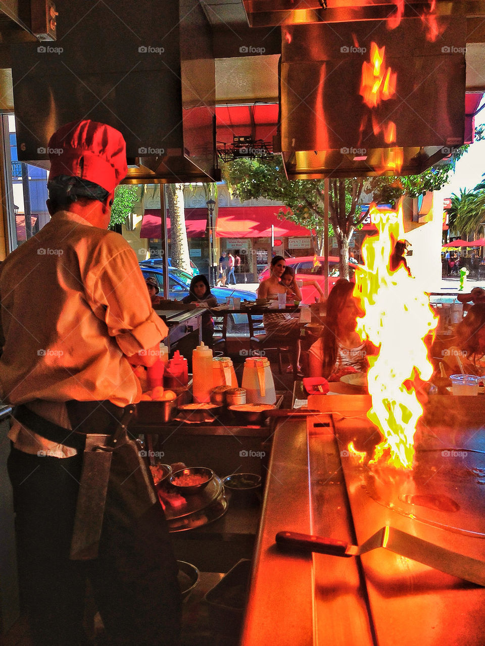 Chef and fire at a Japanese restaurant