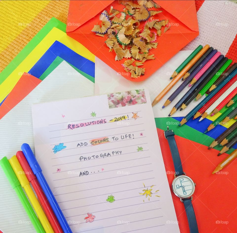 colorful stationary flat lay