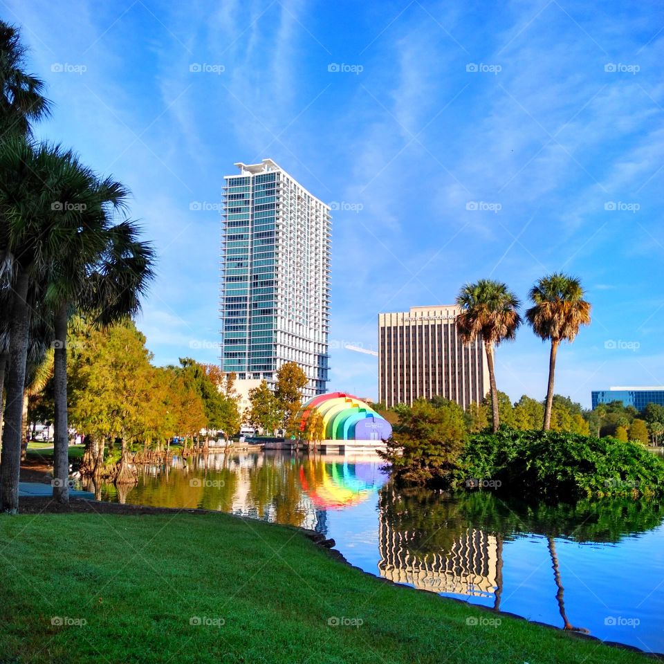 I was going to a fundraising walk and as I was walking to the event I snapped this photo. Pictured is Lake Eola with the rainbow amphitheater, city buildings and Palm Trees. It was a beautiful day.