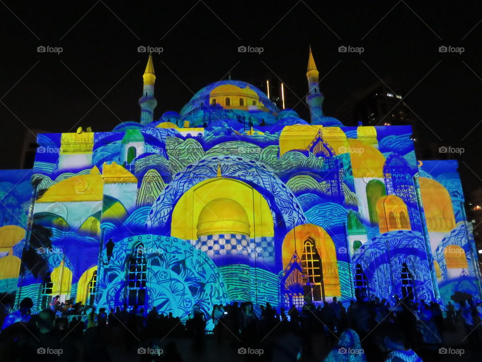 Light projection on mosque in Sharjah Festival of Lights.