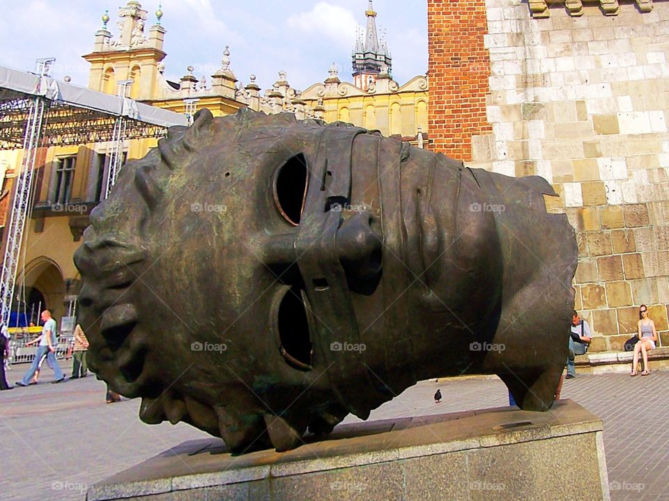 Sculpture of human head in Krakow, Poland