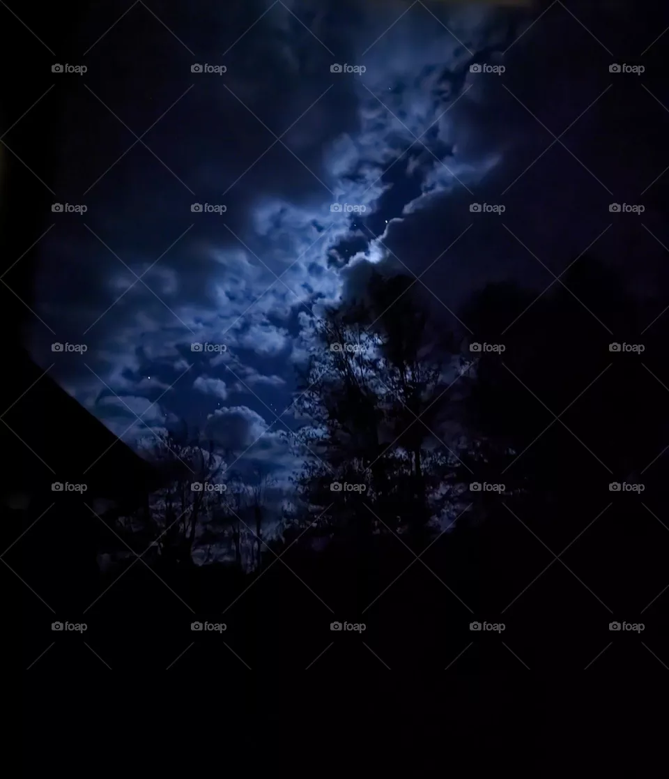 using my new Google phone I tried to take a picture of the moon. moon hid behind clouds. no filter used. night sky and stars can be seen clearly between the clouds.