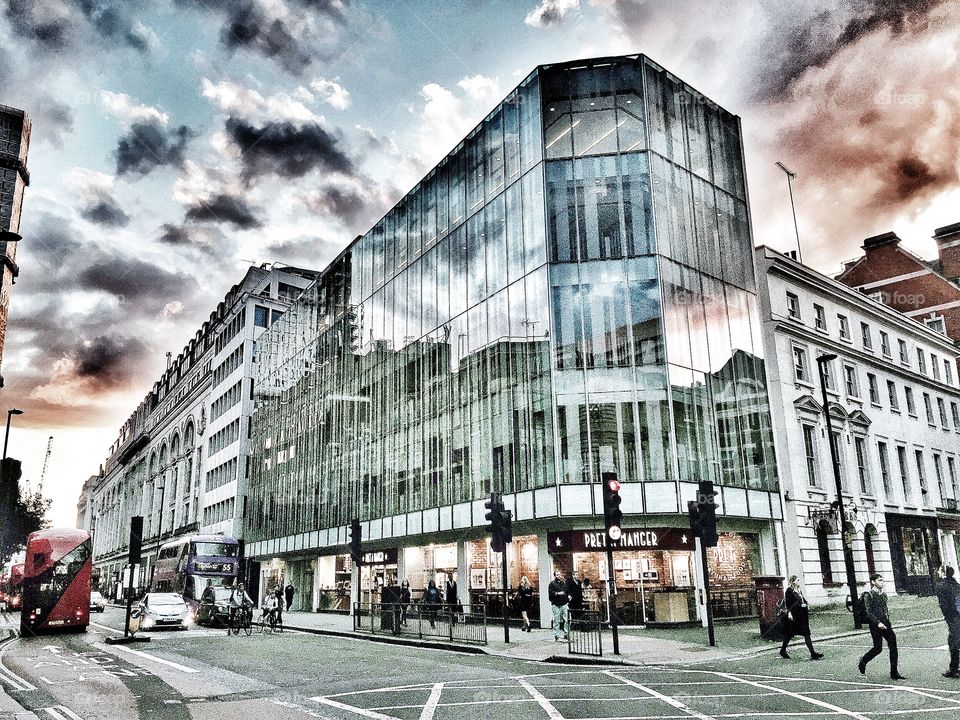 London sunset sky on mirrored building . London sunset sky on mirrored building 