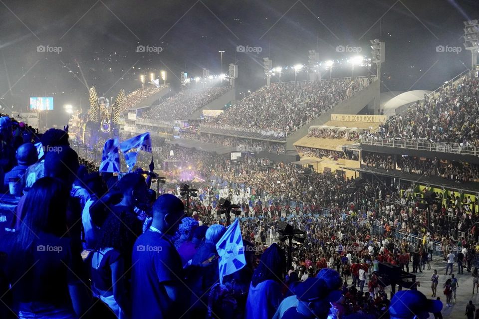 Crowd watching Samba School Parade during Carnival in Rio de Janeiro, Brazil