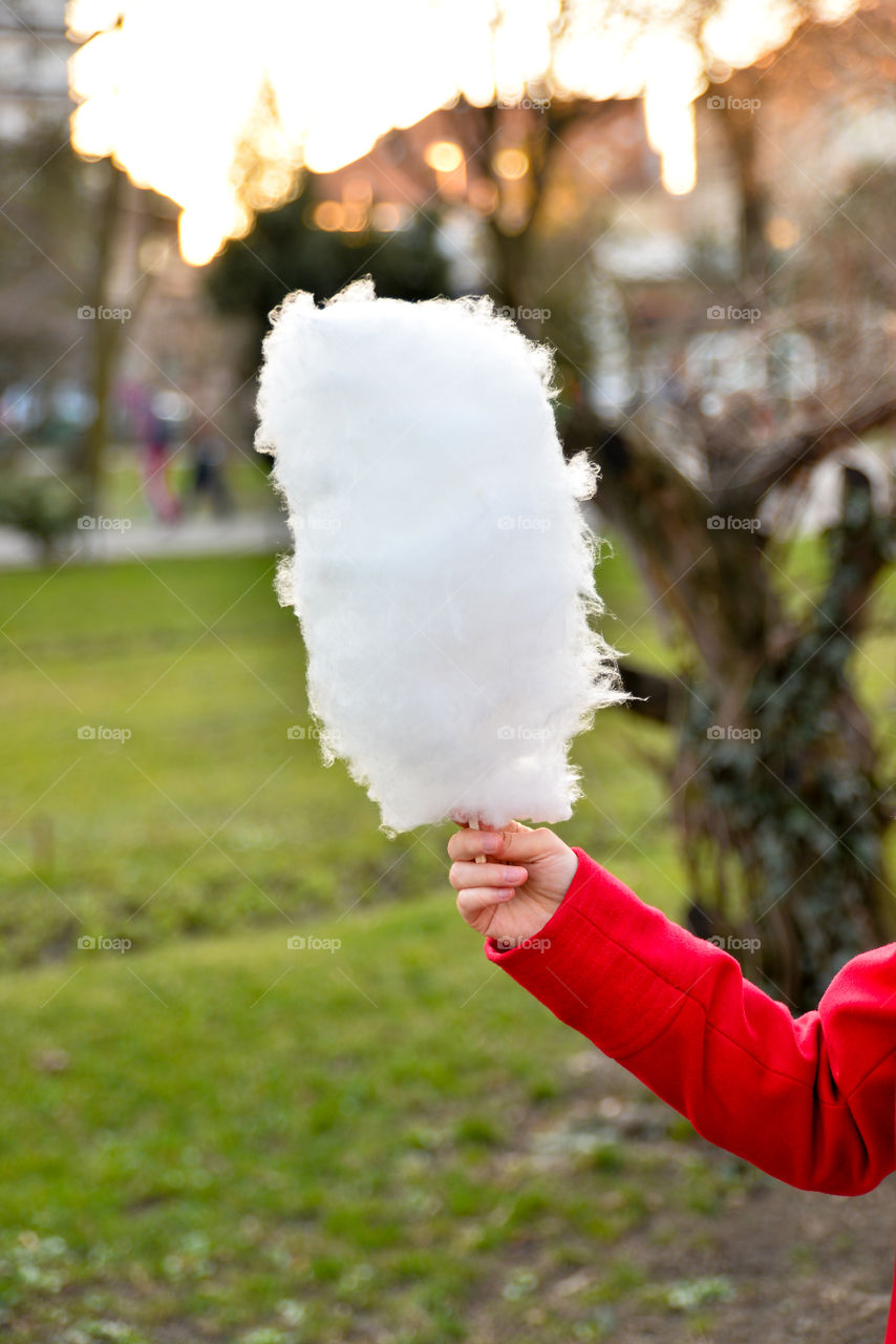 Cotton candy in the park in spring