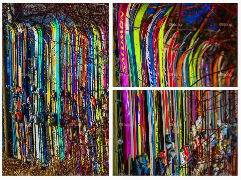 Clash of colours. This collage of 3 contains photos of a rural property fence made entirely of skis. The fence covers two sides of the yard with some room to expand! It makes a very interesting & colourful landmark & recycles the skis! 🎿