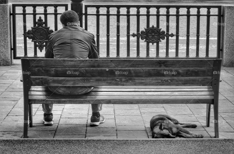 Break for two. 
Took this picture when I was walking along the river. Noticed that man seating on a bench and a dog laying under it. 