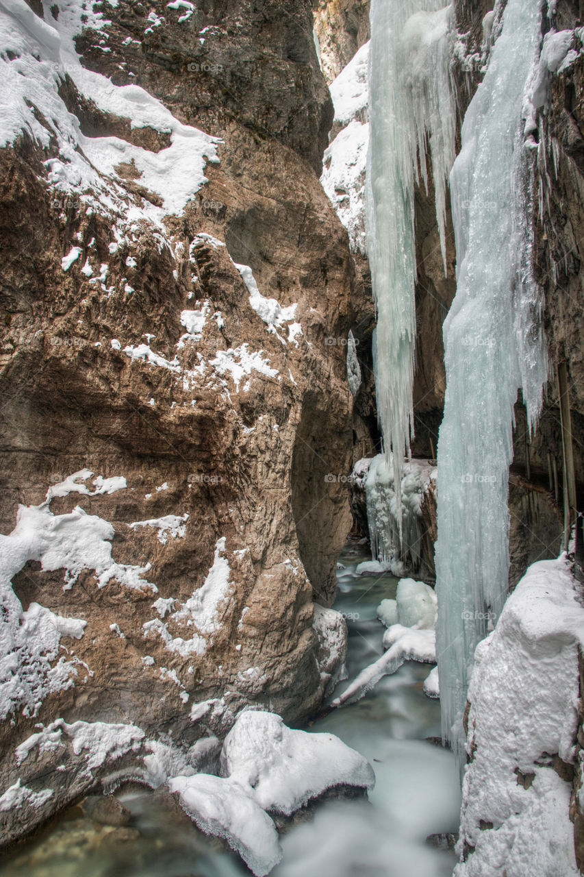 Frozen waterfalls and a cold river