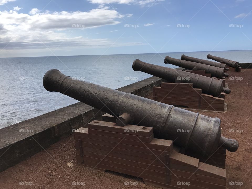 Plusieurs canons sur le rivage en face de l'océan 