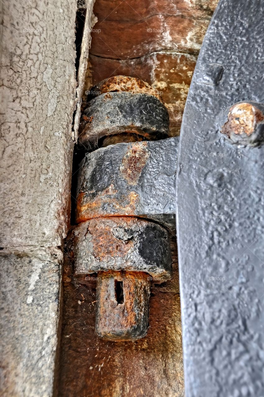 Fort Henry Prison Bolt. Vintage hand forged prison hinge and bolt found the the steel prison door of Fort Henry- Governor's Island. 
Fleetphoto 