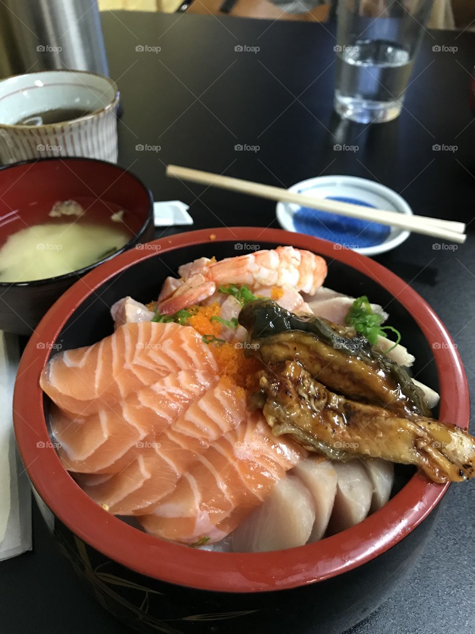 Chirashi bowl, sushi and rice 