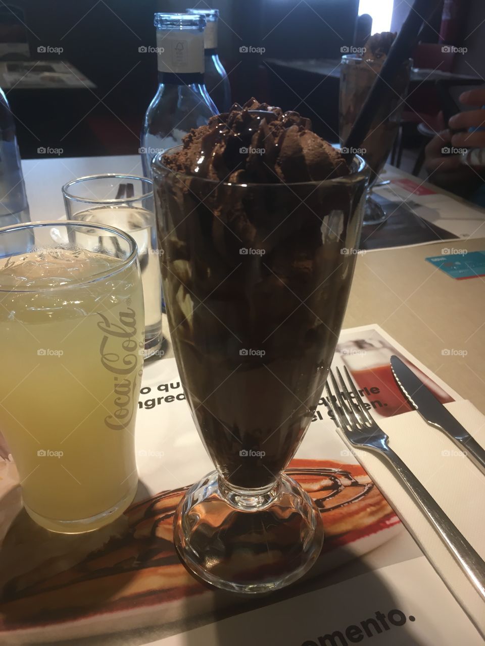 Chocolate ice cream sundae and drink 