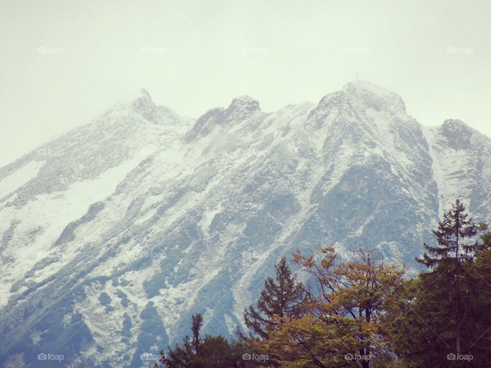Nature, mountains with snow and trees. Autumn.