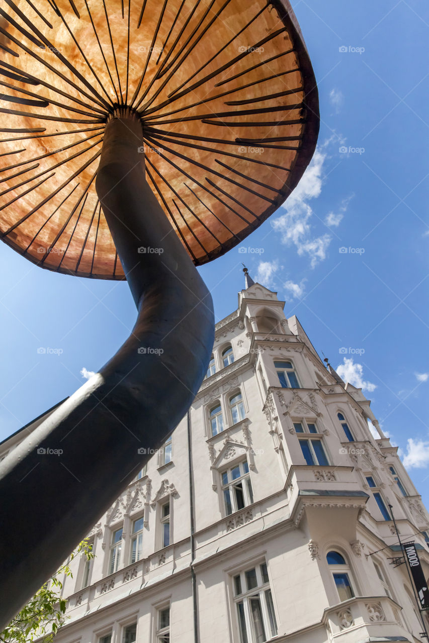 Unique architectural objects in Prague, looking up