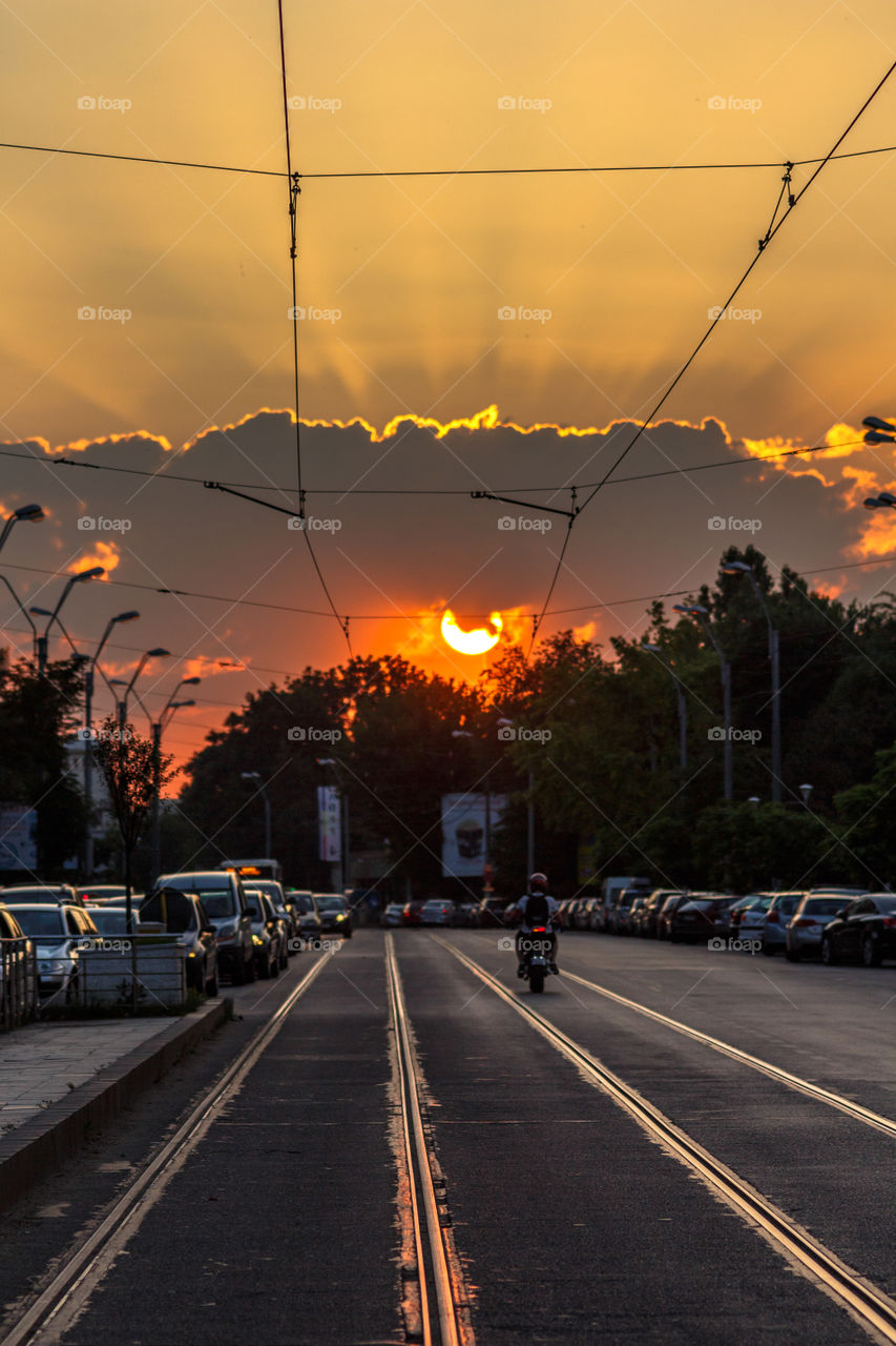 Sunset on a busy road