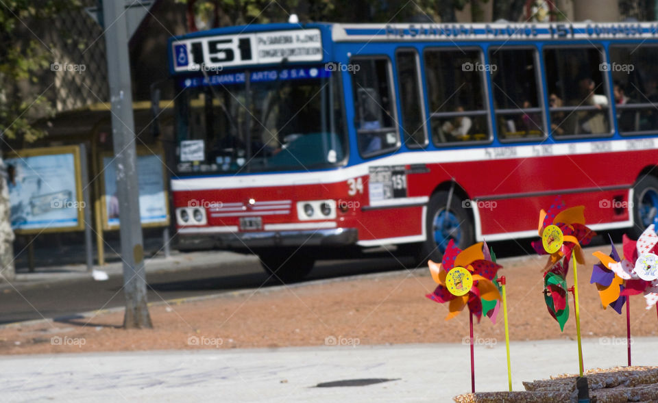 Windmills and bus in the streets of Buenos Aires 