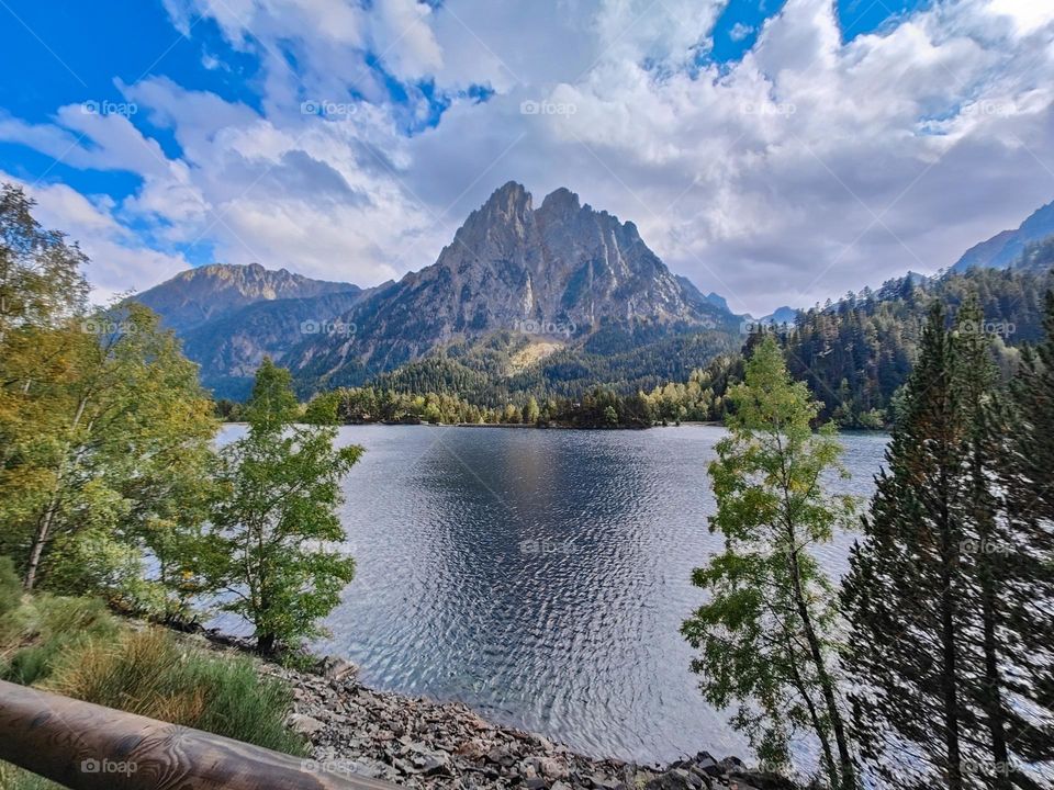 Aigüestortes park in Catalunya, Spain. Lake view from the forest