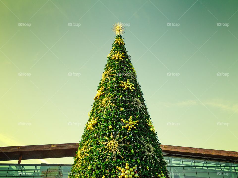 Top of the artificial Christmas fir tree near the shopping centre in Moscow