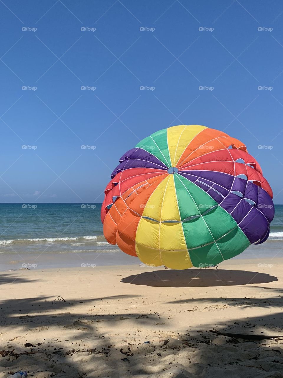 A colorful parasail rises above the beach, framed by a sparkling ocean and clear blue sky. 