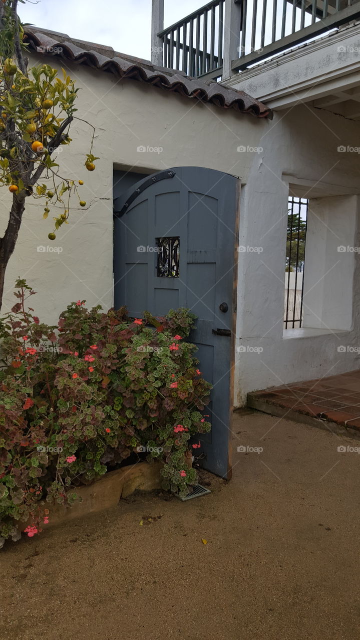 inside a courtyard looking towards the wooden gate door to go out into an alley. the courtyard was to an old adobe building built in the 1700s in Monterey, CA