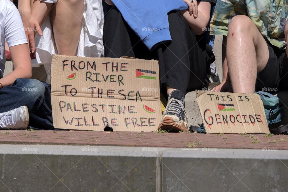 Billboard This Is Genocide An From The River To The Sea At The Student Demonstration Free Palestinian At The UVA University Amsterdam The Netherlands 13-5-2024