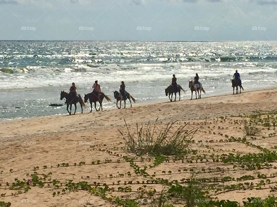A group of people riding horses on a beach along the surf