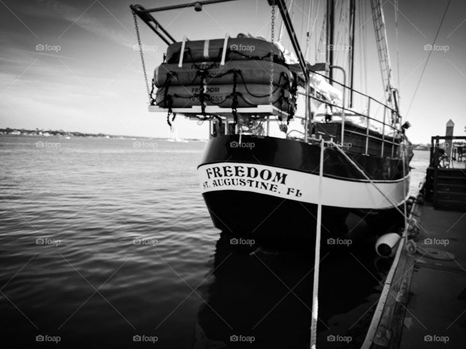 Freedom Schooner Sailboat at port in black and white