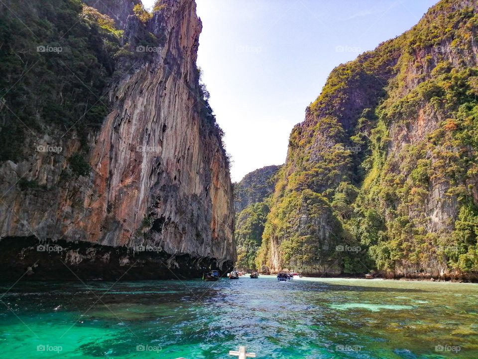 view of phi phi lagoon from boat in phi phi Island, Thailand