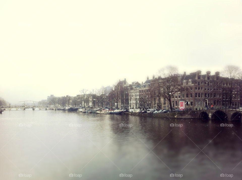 A shot of Amsterdam from the riverside as it started to snow.